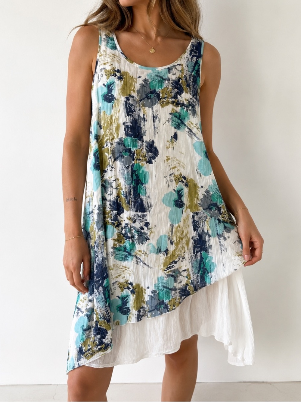 Papa Vancouver Abstract Flowy Floral Layered Tank Dress White Blue Cottagecore